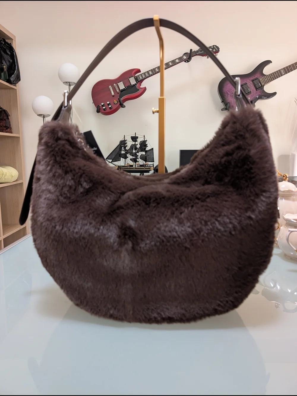 Kate Spade Faux Fur Large Crescent Shoulder Bag - Brown